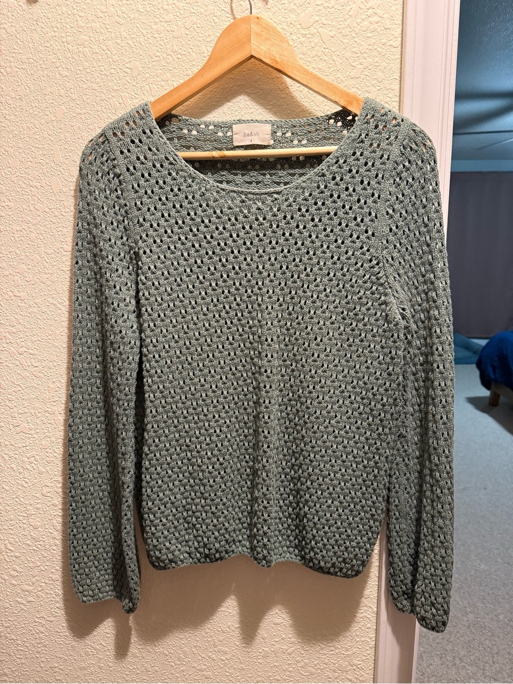 ba&sh Open-Weave Crewneck Sweater in Sage